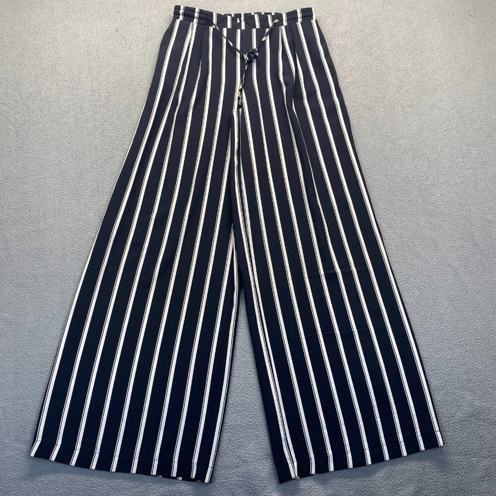 Forever 21 Flare Pants M Black Striped Wide Leg Stretch Mid Rise Dress Pant Work